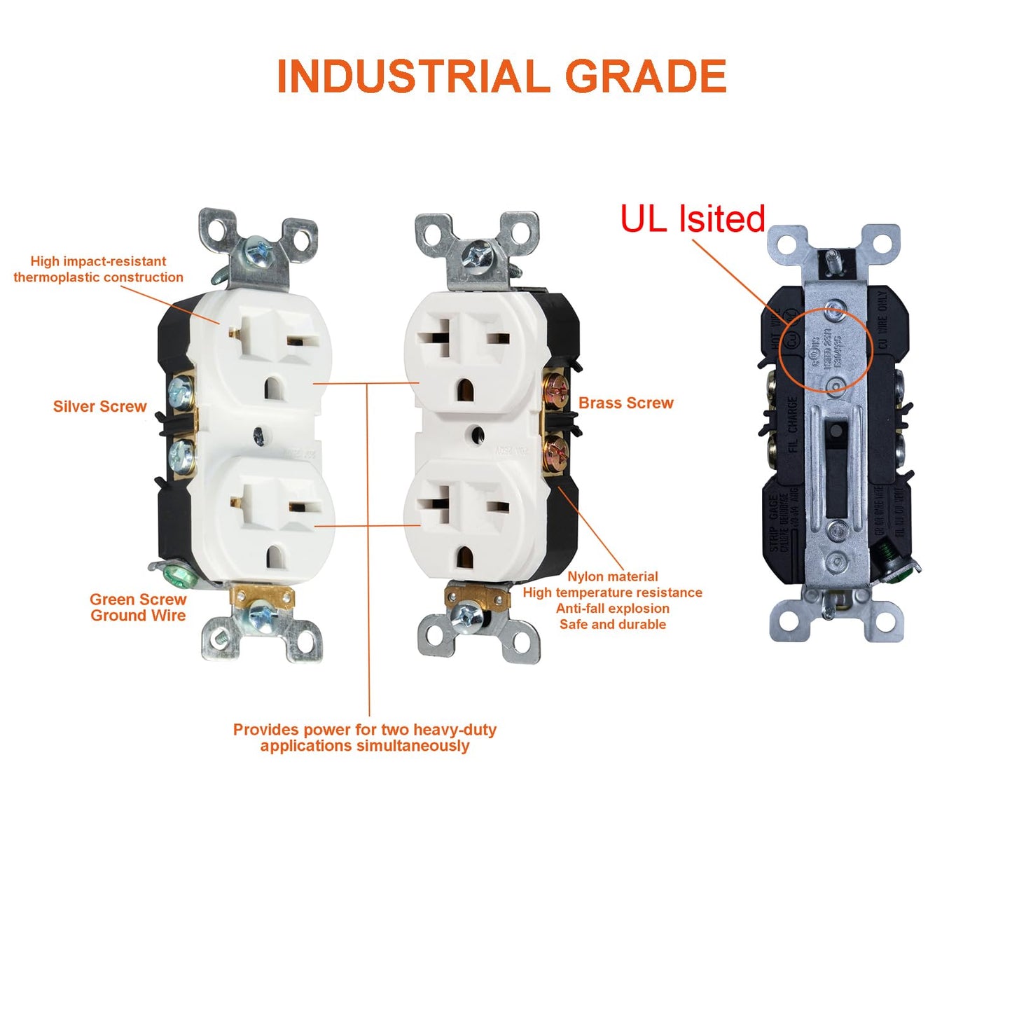 EDYCARX Nema 6-20 Duplex Receptacle, 20 Amp 250 Volt Outlet, Industrial Grade Wall Receptacle, 2-Pole, 3-Wire, 6-15R Outlet 6-20R Receptacle, White, 10 Pack