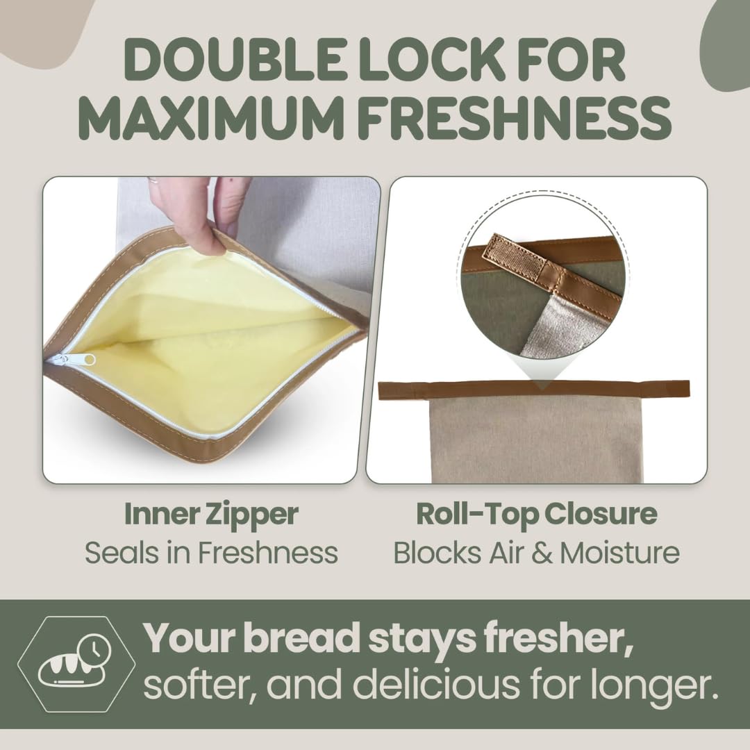 LOAF STORY By Sourdough Whisper, Double Lock Reusable Beeswax Bread Bags, Fully Open Zipper + Roll Top Seal, XL Airtight Bread Storage for Freezer & Fridge, 2 Pack