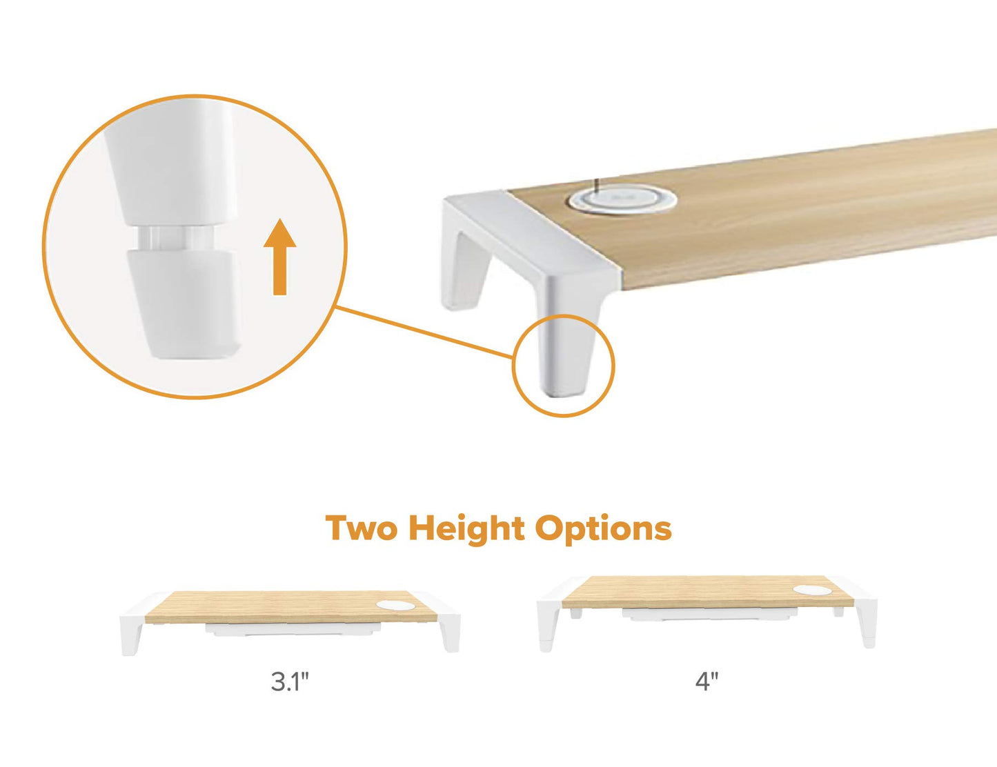 Bostitch Office Wooden Monitor Stand with Wireless Charging Pad, Drawer for Storage, Adjustable Height Riser Includes Removable Non-Skid Rubber Feet - Wood Grain and White (STND-2408WH)