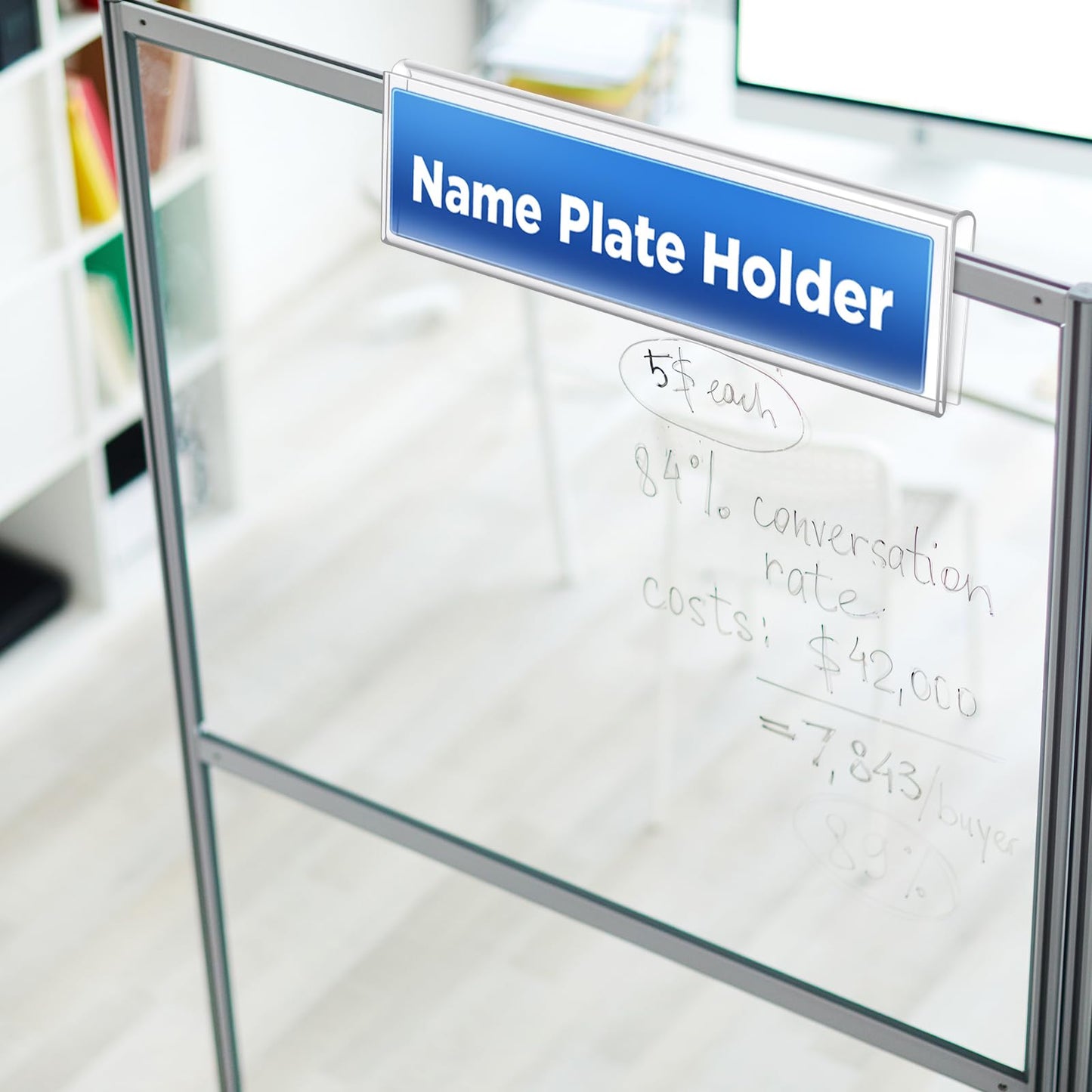 Wonderjune 10 Pack Plastic Cubicle Name Plate Holder 8.5" Wide x 2" High Glass Wall Name Plate Holder Clear Acrylic Sign Display Stand for Home Office Business (Suitable for 1/4" Cubicle Wall)