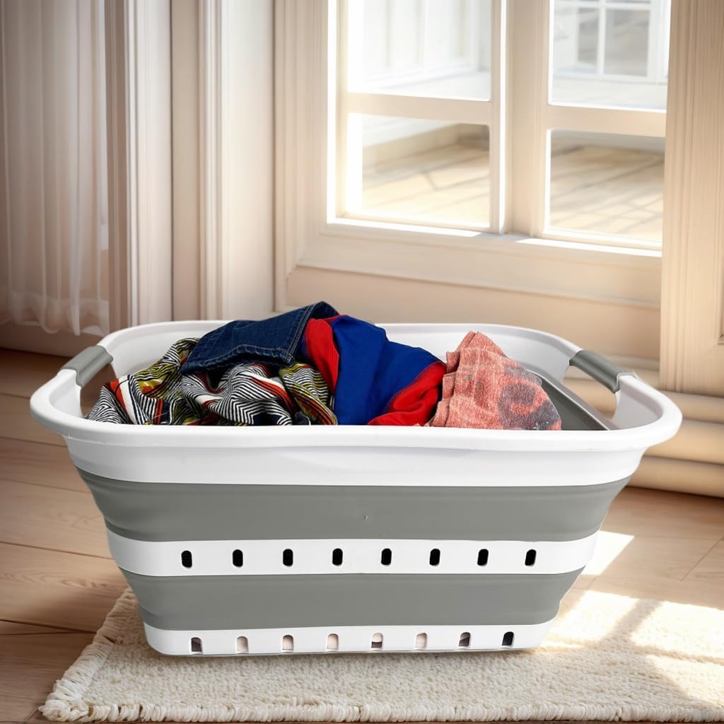 SAMMART 42L (11 gallon) Collapsible Plastic Laundry Basket - Foldable Pop Up Storage Container/Organizer - Space Saving Hamper/Basket (1, Grey/White)