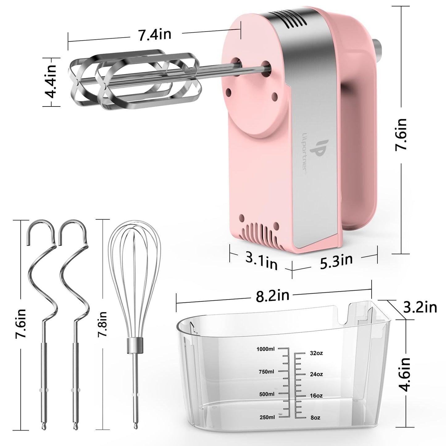 Hand Mixer Electric, 450W Kitchen Mixers with Scale Cup Storage Case, Turbo Boost/Self-Control Speed + 5 Speed + Eject Button + 5 Stainless Steel Accessories, For Easy Whipping Dough, Cream, Pink