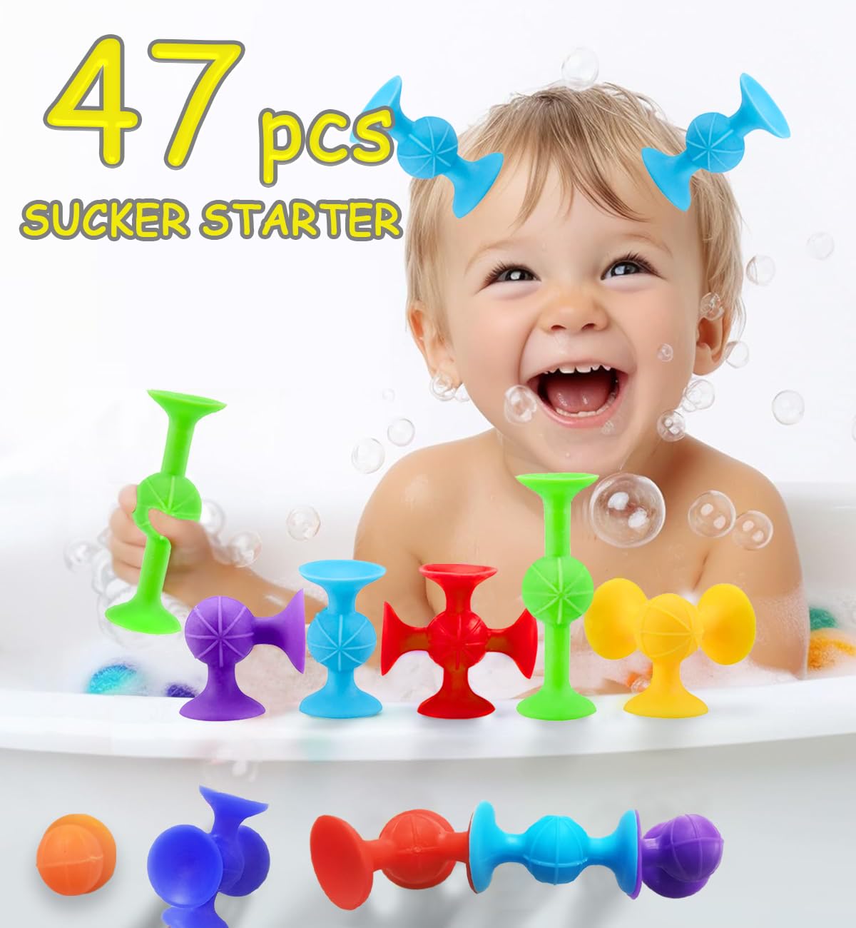 Suction Bath Toys for Baby, 47 Piece Starter Set Suction Cup Toys Preschool Sensory Fidget Toys for Toddlers 1-3 4-8 | No Hole Bath Toy | BPA Free Bath Toys (Large Size)