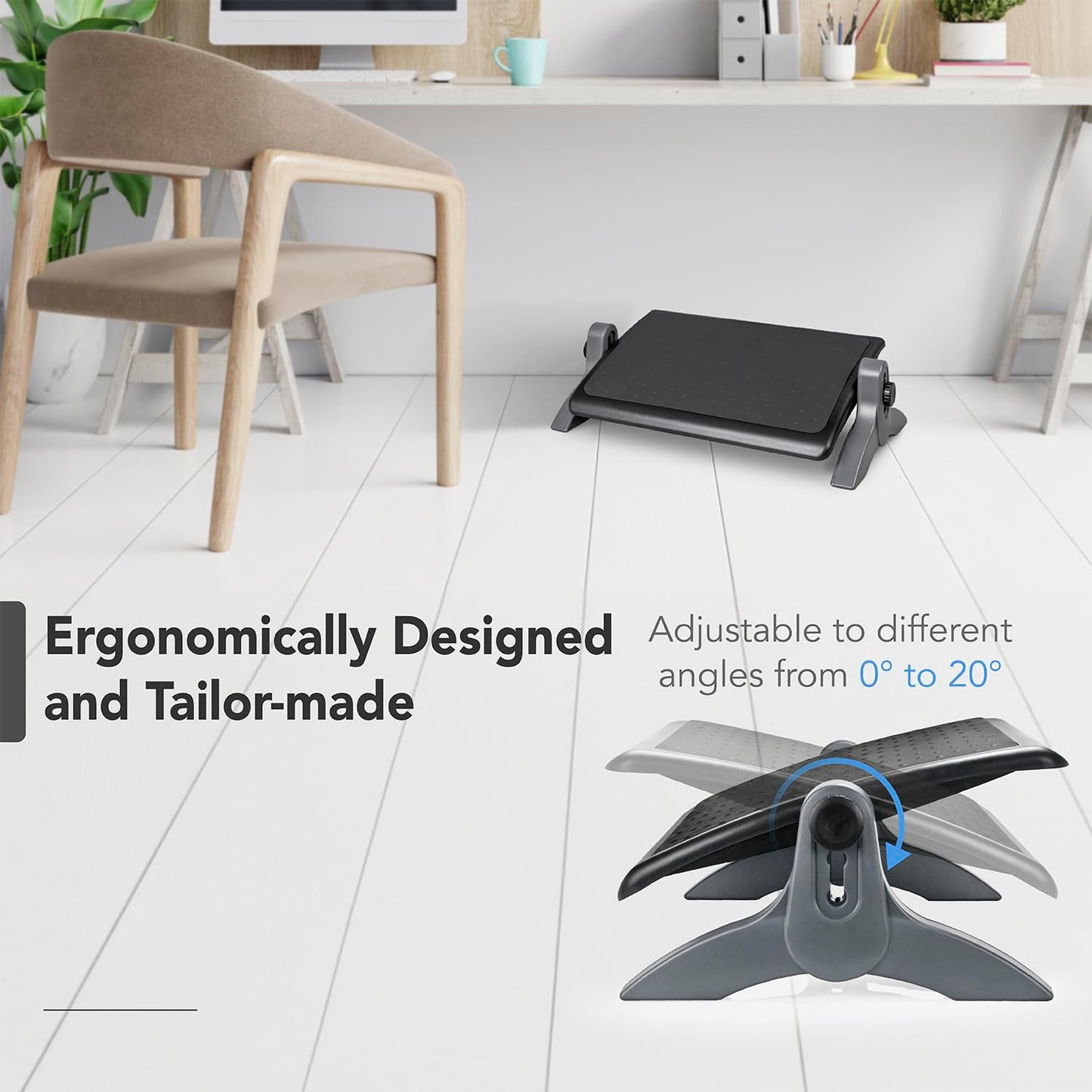 EHO Ottoman, Ergonomic Foot Rest for Under Desk, Adjustable Height and Angle, Rubber Platform, Anti-Slip, Ankle Support, Detachable Washable Cushion, Back and Leg Pain Relief, 21.6"L x 11.4"W, Black