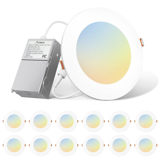Amico 12 Pack 6 Inch 5CCT Ultra-Thin LED Recessed Light with Junction Box, 2700K/3000K/4000K/5000K/6000K Selectable, 1000LM Brightness, Dimmable Canless Wafer Downlight, 12W Eqv 110W-ETL&FCC