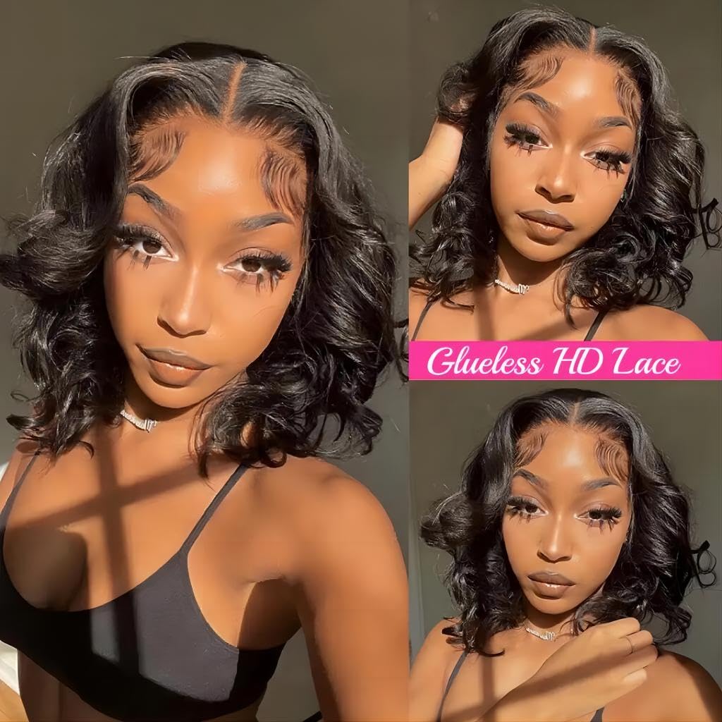 ISEE Wear and Go Glueless Wigs Human Hair Pre Plucked Pre Cut Short Bob Body Wave Lace Front Wigs Human Hair for Women Upgraded Glueless Bob Wig No Glue 6x4 HD Lace Closure Wigs (12 Inch)
