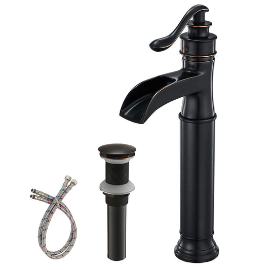 BWE Waterfall Spout Oil Rubbed Bronze Bathroom Faucet Single Handle One Hole Vessel Sink Faucet ORB Lavatory Faucets Deck Mount Tall Body Commercial