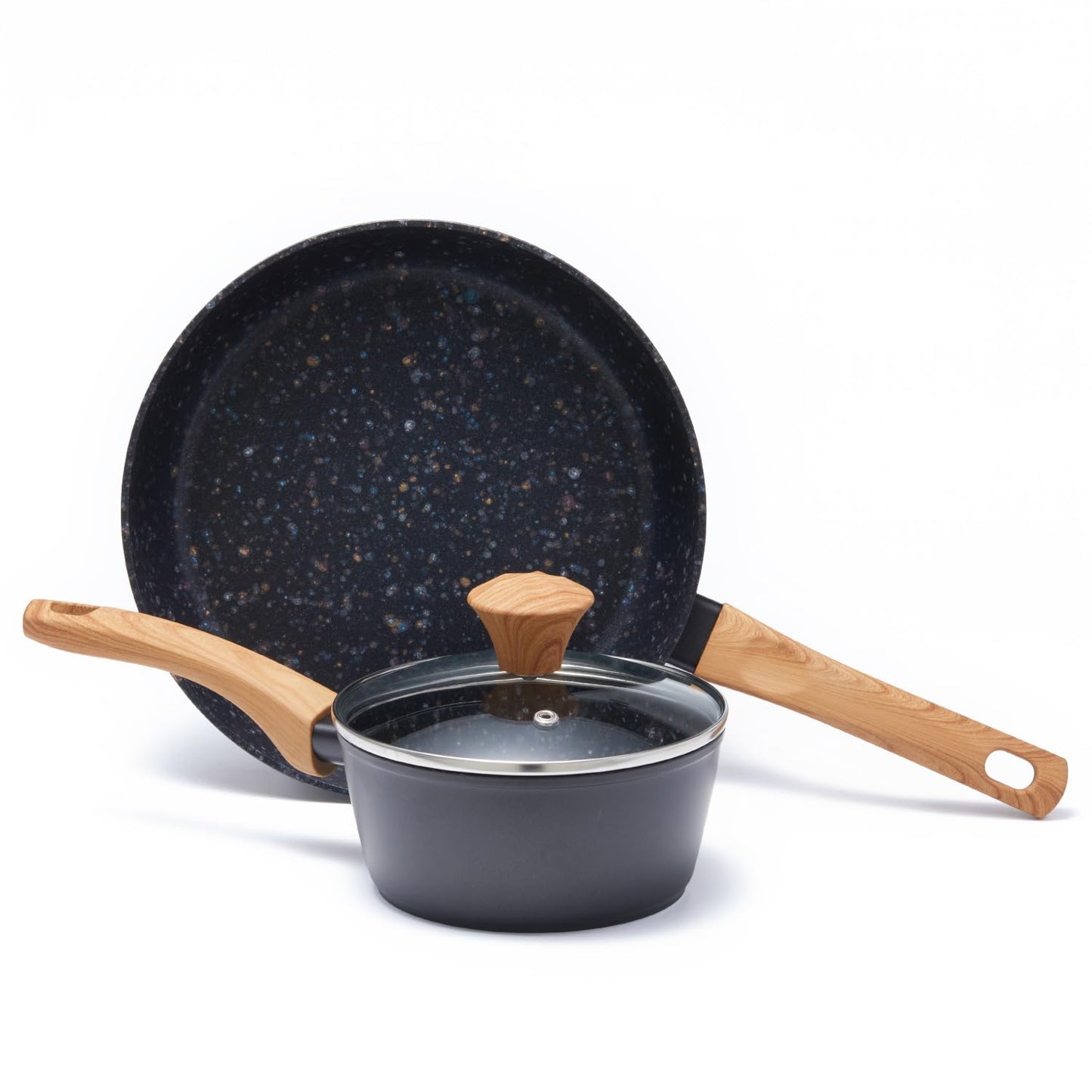 Jovire 2-Piece Nonstick Cookware Set, 8.5 Inch Frying Pan & 1.43QT Saucepan with Lid, PFAS PFOA Free Non-Toxic Coating, Heavy Bottom Even Heat, Induction Compatible, Dishwasher Safe – Black