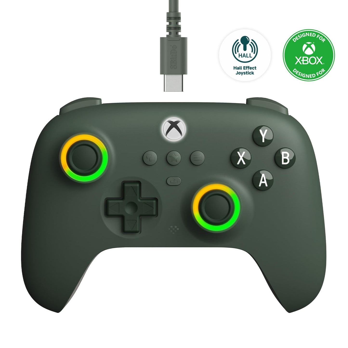 8BitDo Ultimate C Wired Controller for Xbox with Hall Effect Joysticks and Hall Triggers, RGB Lighting Fire Ring, Compatible with Xbox Series X|S, Xbox One, Windows 10/11 - Officially Licensed (Dark Green)