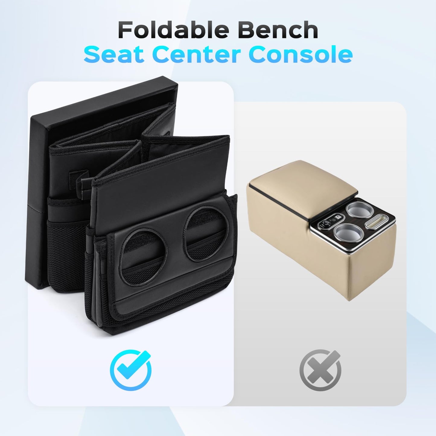 Foldable Bench Seat Center Console, Car Armrest Organizer Box with 2 Large Cup Holders & Massive Storage, Universal Portable Trunk Console Arm Rest for Car/Truck/Van/SUV Rear Organizers Back Seat