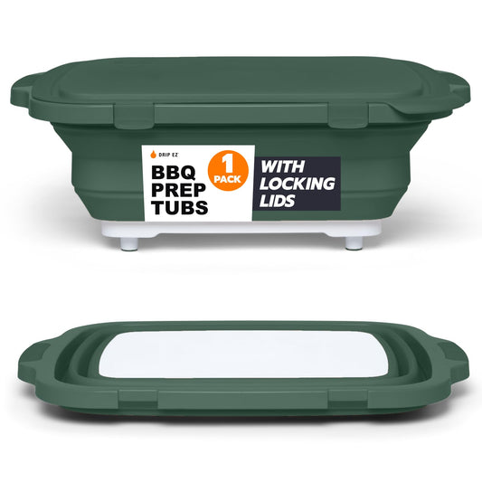 Drip EZ Collapsible BBQ Prep Tub - For Meal Prep Marinating Food Storage - Includes Cutting Board & Locking Lid - (1) OG - Green