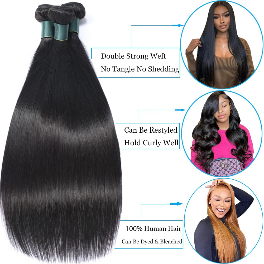 Great Grace Brazilian Straight Bundles Human Hair 20 22 24 Inch 12A 100% Unprocessed Virgin Human Hair Weave 3 Bundles Deals Natural Black Color (Natural Balck 3 Bundles, 20 22 24)