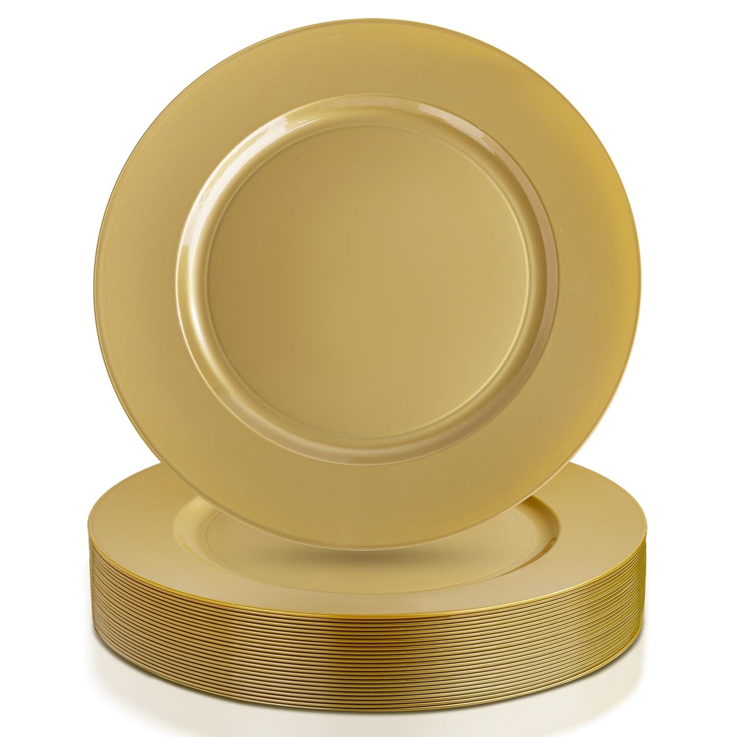 WDF 12Inch Plastic Charger Plates - 25Pack Gold Charge for Dinner - Disposable Gold Charge Plates - Perfect for Dinner/Wedding Party/Elegant Tabletop Decor