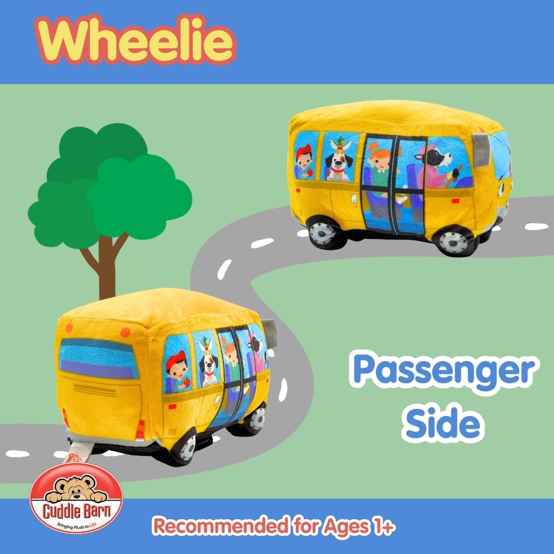 Cuddle Barn | Wheelie - School Bus Singing Stuffed Animal Plush Toy | Mouth Moves and Eyes Light Up | Sings Wheels on The Bus - 23 cm