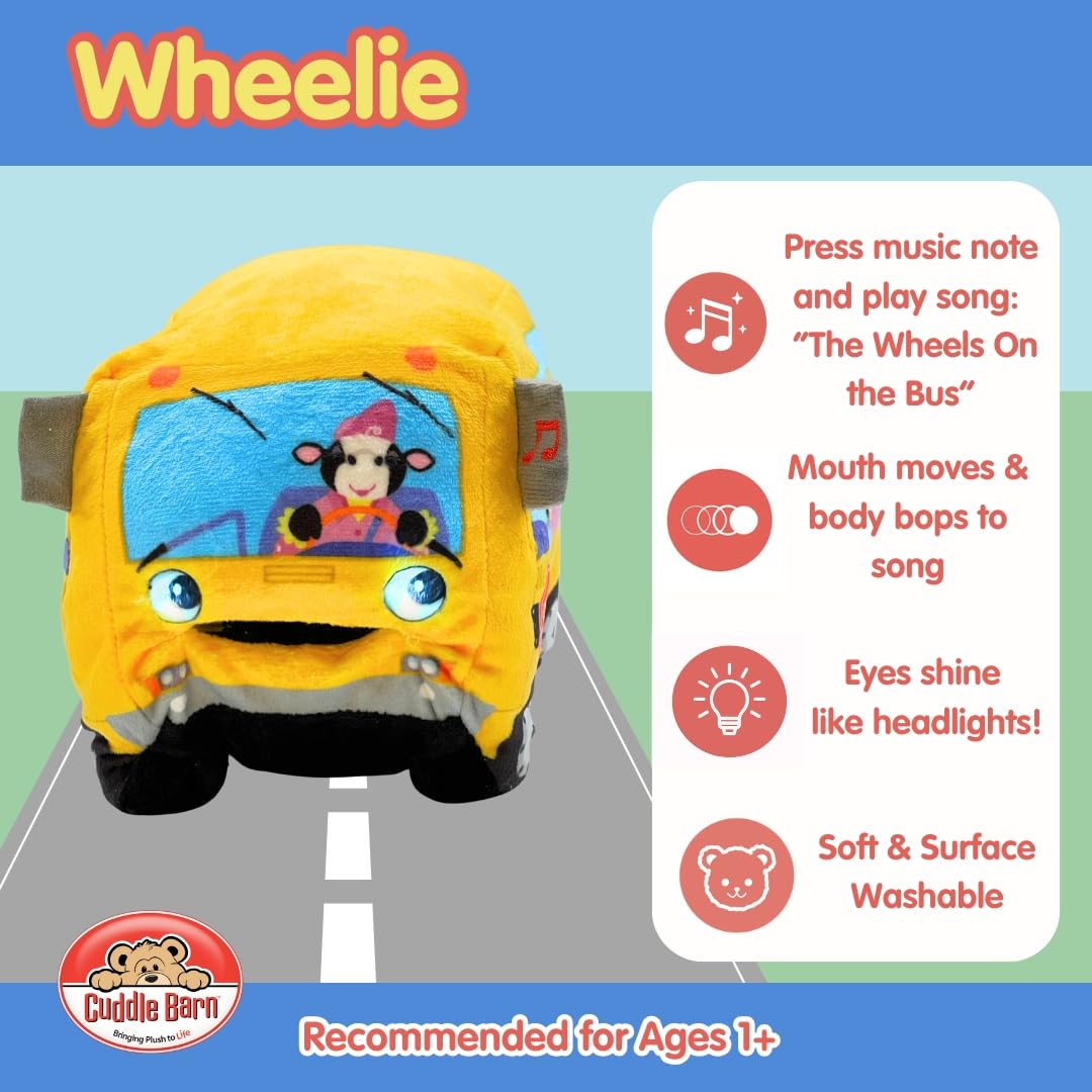 Cuddle Barn | Wheelie - School Bus Singing Stuffed Animal Plush Toy | Mouth Moves and Eyes Light Up | Sings Wheels on The Bus - 23 cm