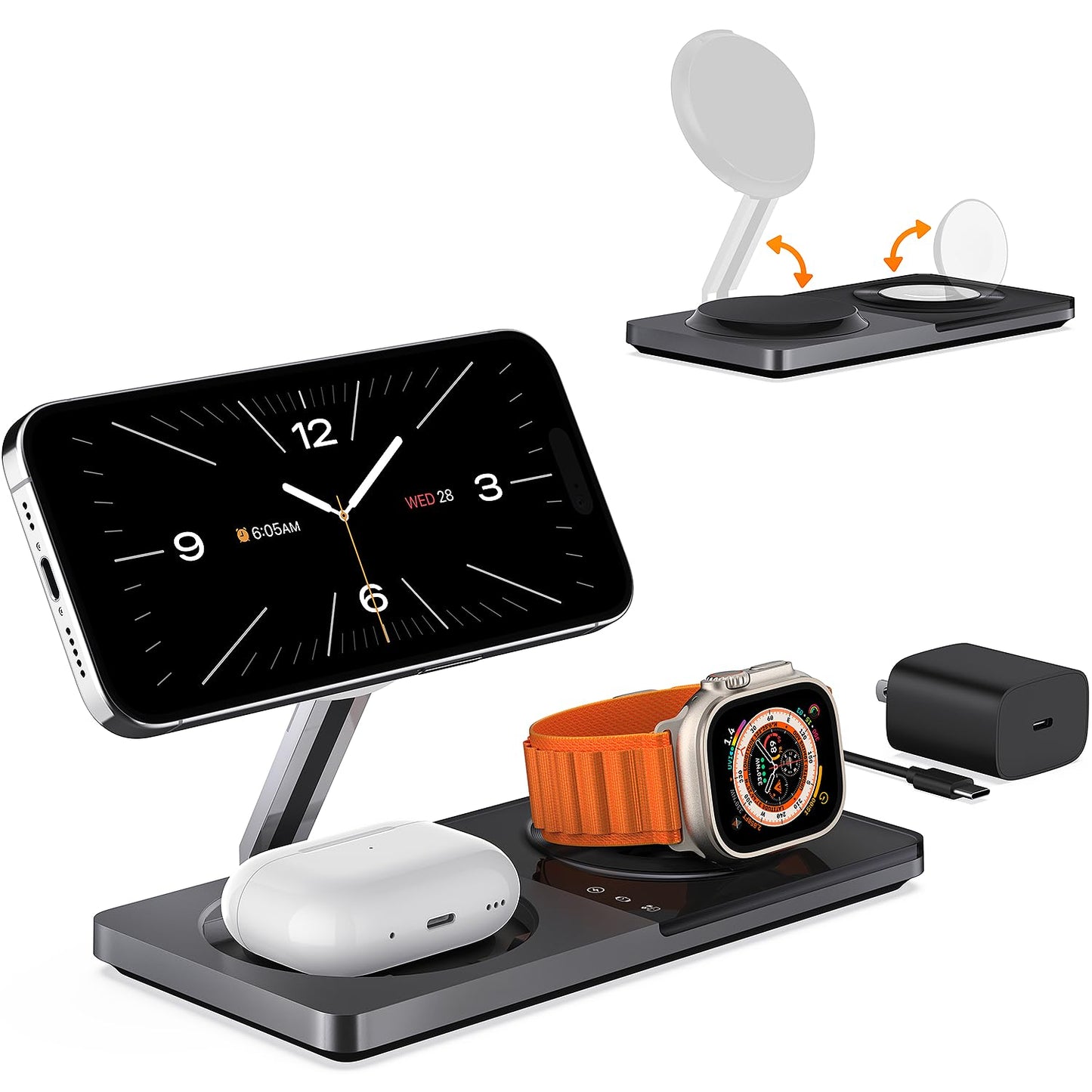 3 in 1 Wireless Charging Station for Apple Device: Fast Charging Station for iPhone and Watch with MagSafe, Foldable Charger Stand for iPhone 12-16 & iPhone 16 & iWatch & AirPods