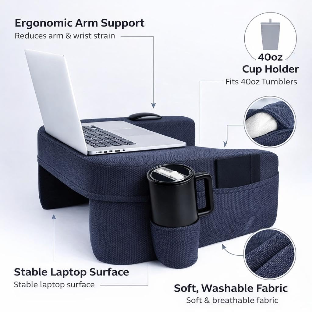 Lap Desk Pillow with 40oz Tumbler, Ergonomic Portable Laptop Desk Cushion for Bed with Arm Support, Gaming Pillow, Reading Pillow Arms, Lap Tray Cushion, Tablet & Laptop Lap Table Workstation