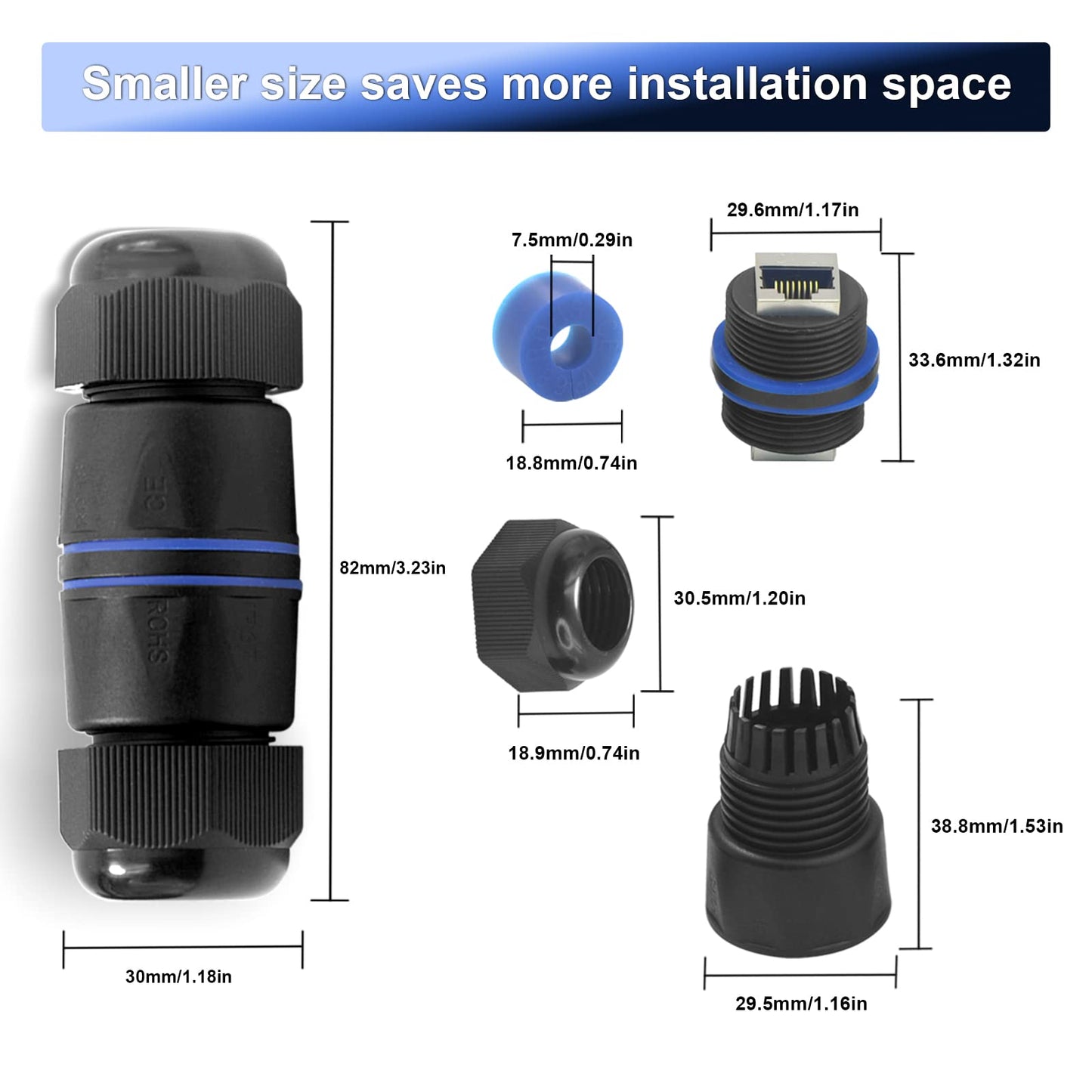 VCELINK Waterproof RJ45 Coupler IP68 Short Profile, Cat6/Cat5E/Cat5 Waterproof Ethernet Connector Shielded, Outdoor Network LAN Cable Extender PoE 6-Pack