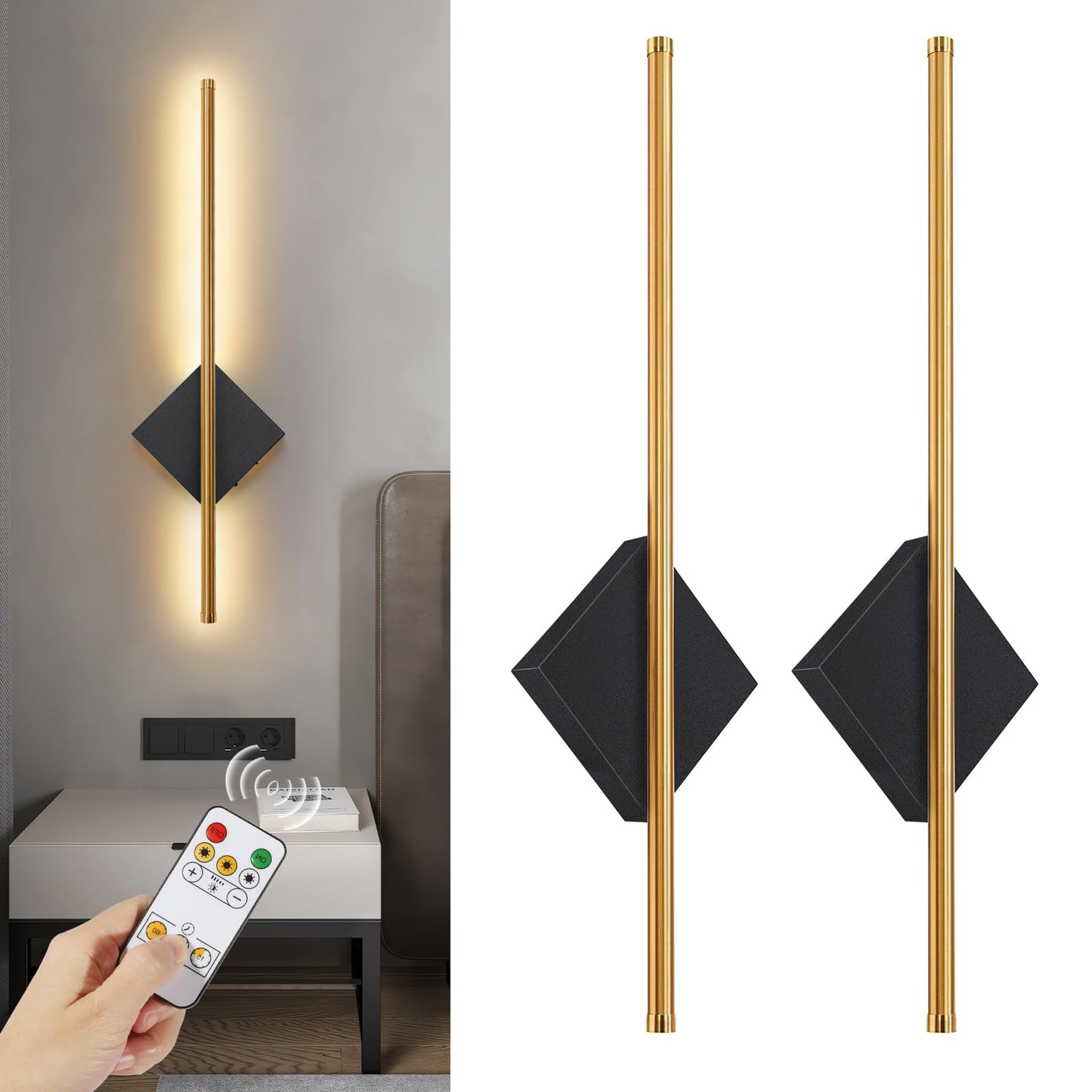 Battery Operated Wall Sconces Set of Two, Modern Sconces Wireless Cordless Rechargeable Light with Remote, Gold and Black Wall Lamp Dimmable Home Decor for Bedroom Living Room Hallway Timing 23.6 Inch
