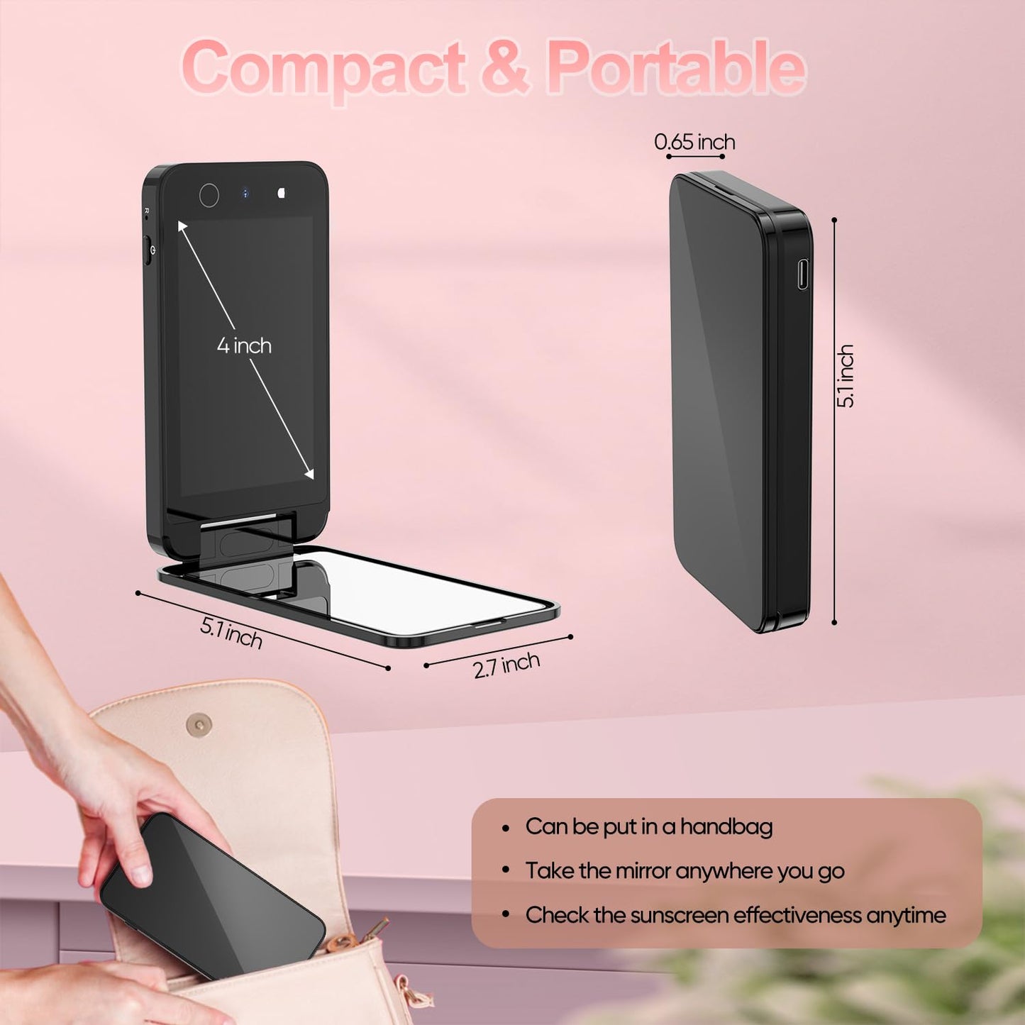 UV Camera for Sunscreen Test UV Mirror Sunscreen Camera, 4 Inch Vanity Mirror Rechargeable Compact Travel Makeup Mirror Handheld Double-Sided Pocket Mirror for Skin Protection(Dark Black)