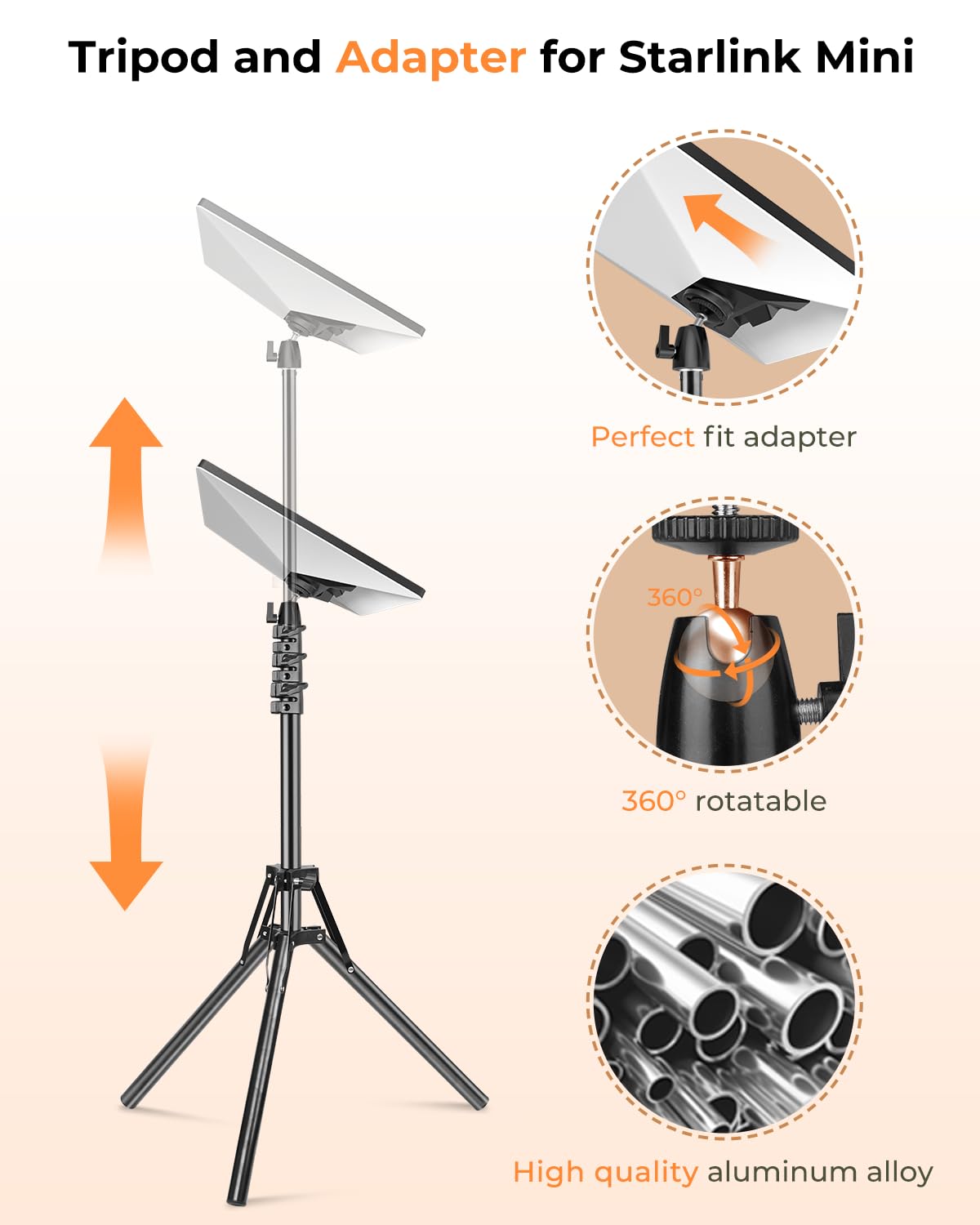 Starlink Mini Tripod Mount with Adapter, 3 Level Adjustable Height and 360° Tilt Compatible with Starlink Mounting Kit, Starlink Mini Mount Adapter with Sturdy& Stability for Outdoor Camping, RV