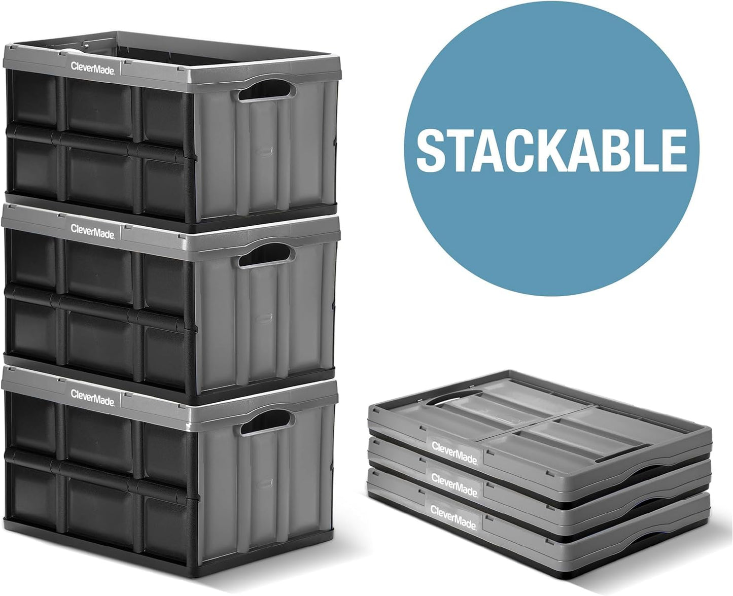 CleverMade Collapsible Storage Bins 32L 3 Pack – Heavy Duty Foldable Storage Bins with Built-In Handles for Garage Storage and Home Organization - Obsidian