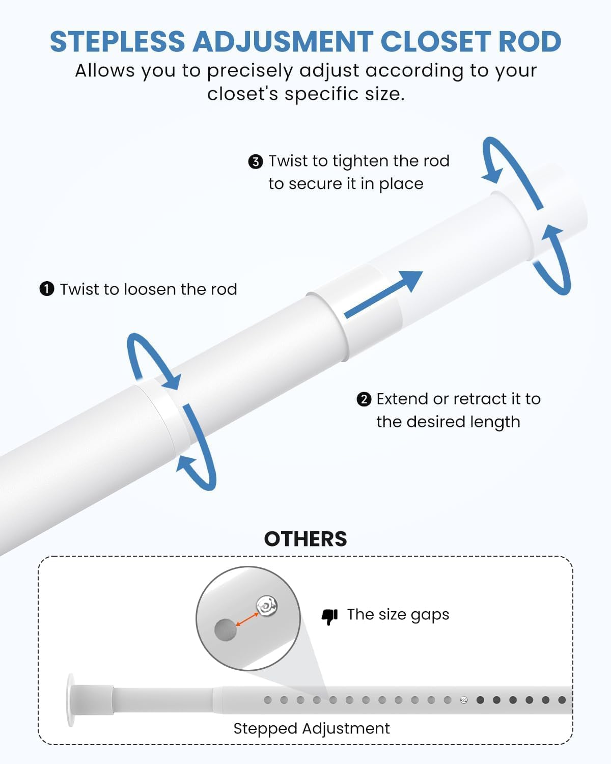 Supforce 2 PACK Closet Rods for Hanging Clothes, 17 to 69 Inches Stepless Adjustable Metal Closet Rod, 1.3 Inches Heavy Duty Clothes Hanging Rod for Closet Wardrobes Laundry RV, White