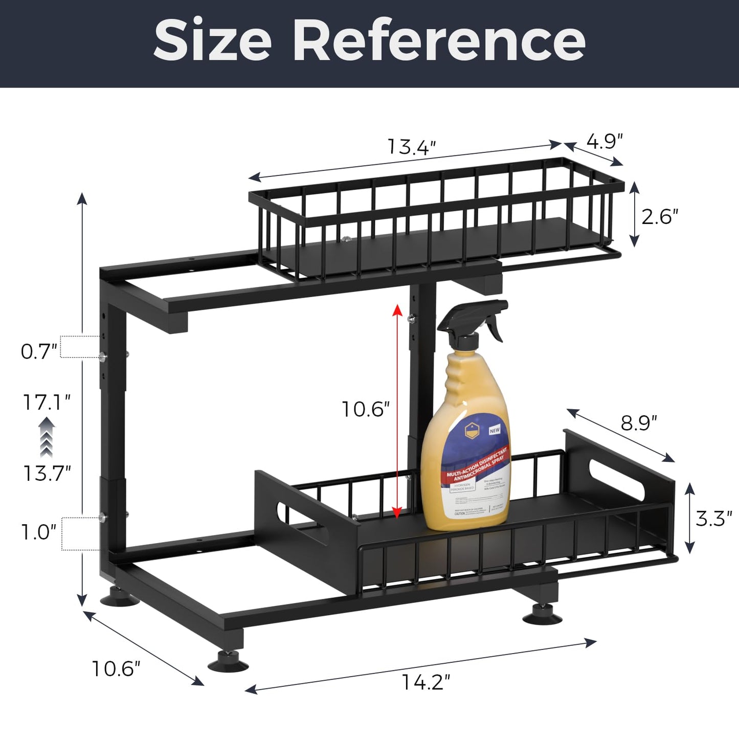 Saydear Under Sink Organizer, 2-Tier Premium Metal Pull-Out Racks with Adjustable Height, Heavy Duty Sliding Bin for Bathroom and Kitchen Cabinet Storage, Rust Resistant 2 Pack Black