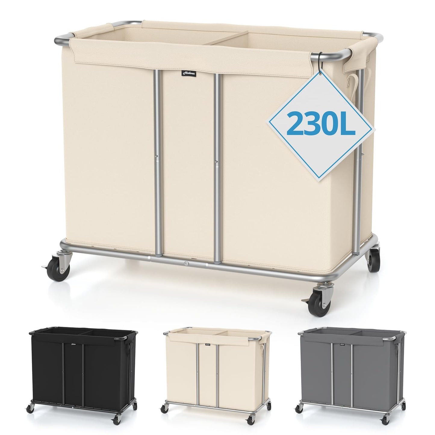 Hodonas 230L Rolling Laundry Hamper, 2-Section Laundry Basket with Wheels, 61 Gallons Laundry Sorter with Metal Structure and Removable Liner, Clothes Hamper for Laundry Room, Bathroom, Bedroom, Beige