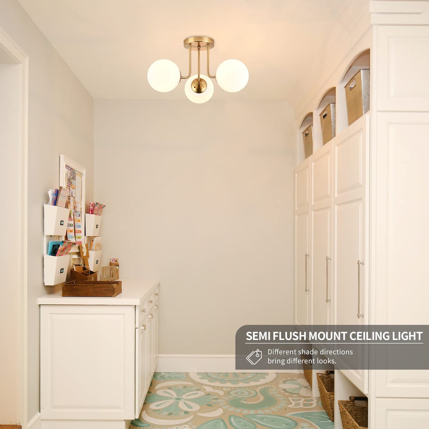 KoKo&Yukina 3-Light Semi Flush Mount Ceiling Light Globe Ceiling Light Mid Century Ceiling Light with Opal Milk Glass Globe & Brushed Brass for Bedroom Hallway Entryway Kitchen Living Room-Bulb Incl