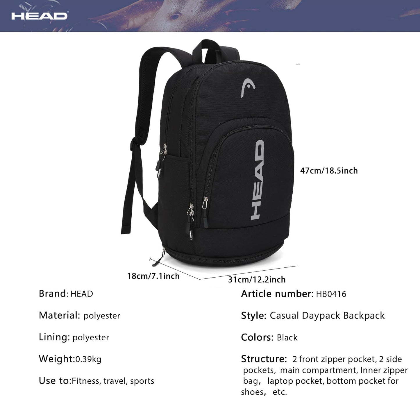 HEAD Waterproof Travel Backpack for Men, Lightweight 15.6 Inch Laptop Backpack with Shoes Compartment, Casual Daypack College Backpacks with 8 Pockets for Overnight/Sports Gym/Work/Fitness