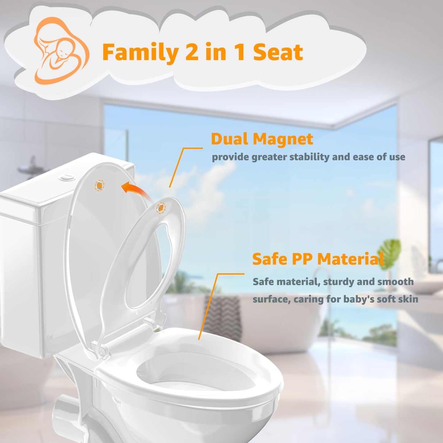 Huttdmel Potty Training Seat Built-in Toilet Seat, Elongated Toilet Seat 18.5inch with Baby Seat 2 in 1 Soft Close Quiet No Slapping, Magnetic Absorption, Easy Installation for Bottom Fixing Toilet