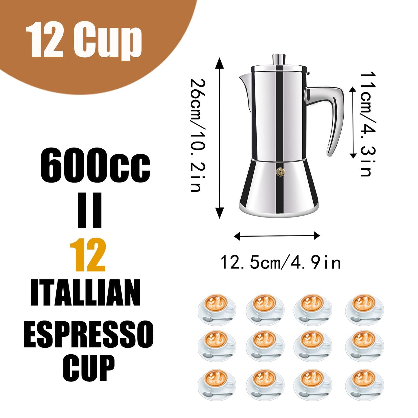 DITOSH 12 Cup Thickened 304 Stainless Steel Moka Pot Stovetop Espresso Maker Cafeteras Italian Percolator Espress Makers Capable Greca Mocha Coffee Machine for Induction Home and Camping 600ml 20oz