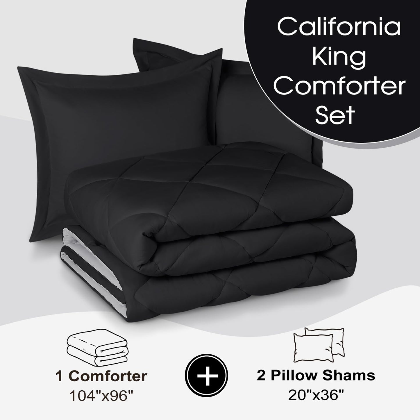 Basic Beyond California King Comforter Set, Black Comforter Set California King for All Seasons, 1 Comforter 104"x96" and 2 Pillow Shams 20"x36"+2"