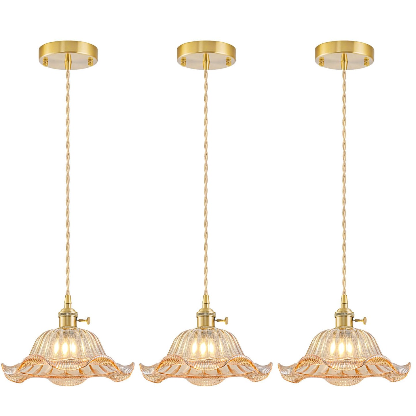 Vintage Pendant Lights Kitchen Island 3 Pack, Adjustable Pendant Light Fixtures with Amber Lily Glass Lampshade, Gold Kitchen Pendant Lighting Over Island, Pendant Light for Dining Room Hallway