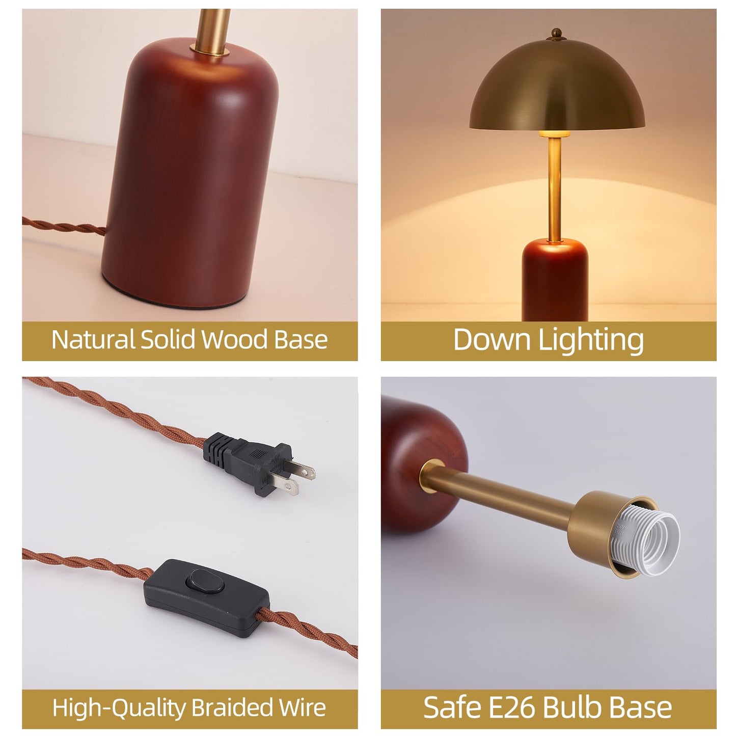 NUSRAN Bedside Table Lamp for Bedroom, Modern Plug in Brass Gold Shade & Cylindrical Wood Base Desk Lamp, Plug & Play Nightstand Lamp with Switch Power Cord for Living Room, Office 【Bulb Included】
