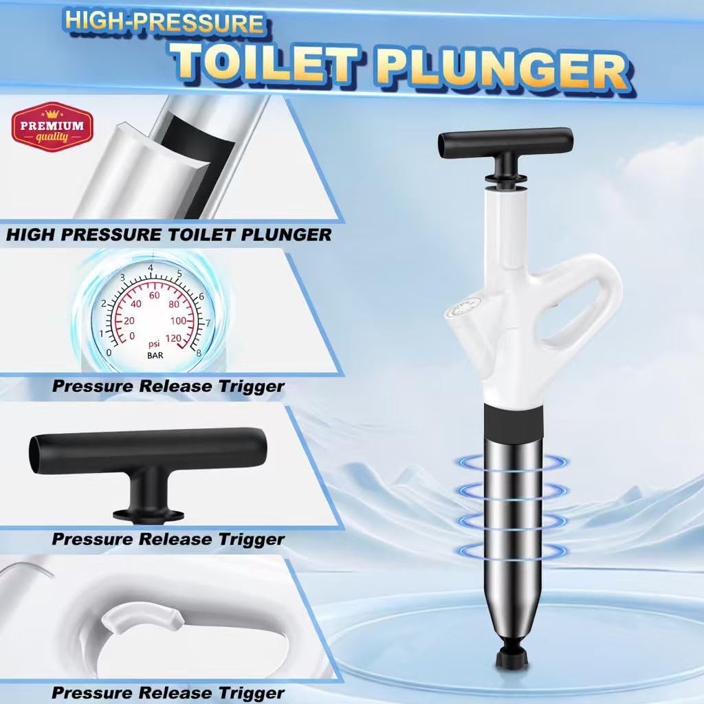 Mieaoll Toilet Plunger,High Pressure Toilet Plunger Heavy Duty,Toilet Auger Air Drain Blaster with Pressure Gauge,Toilet Unclogger for Bathroom and Plumbing Clogs