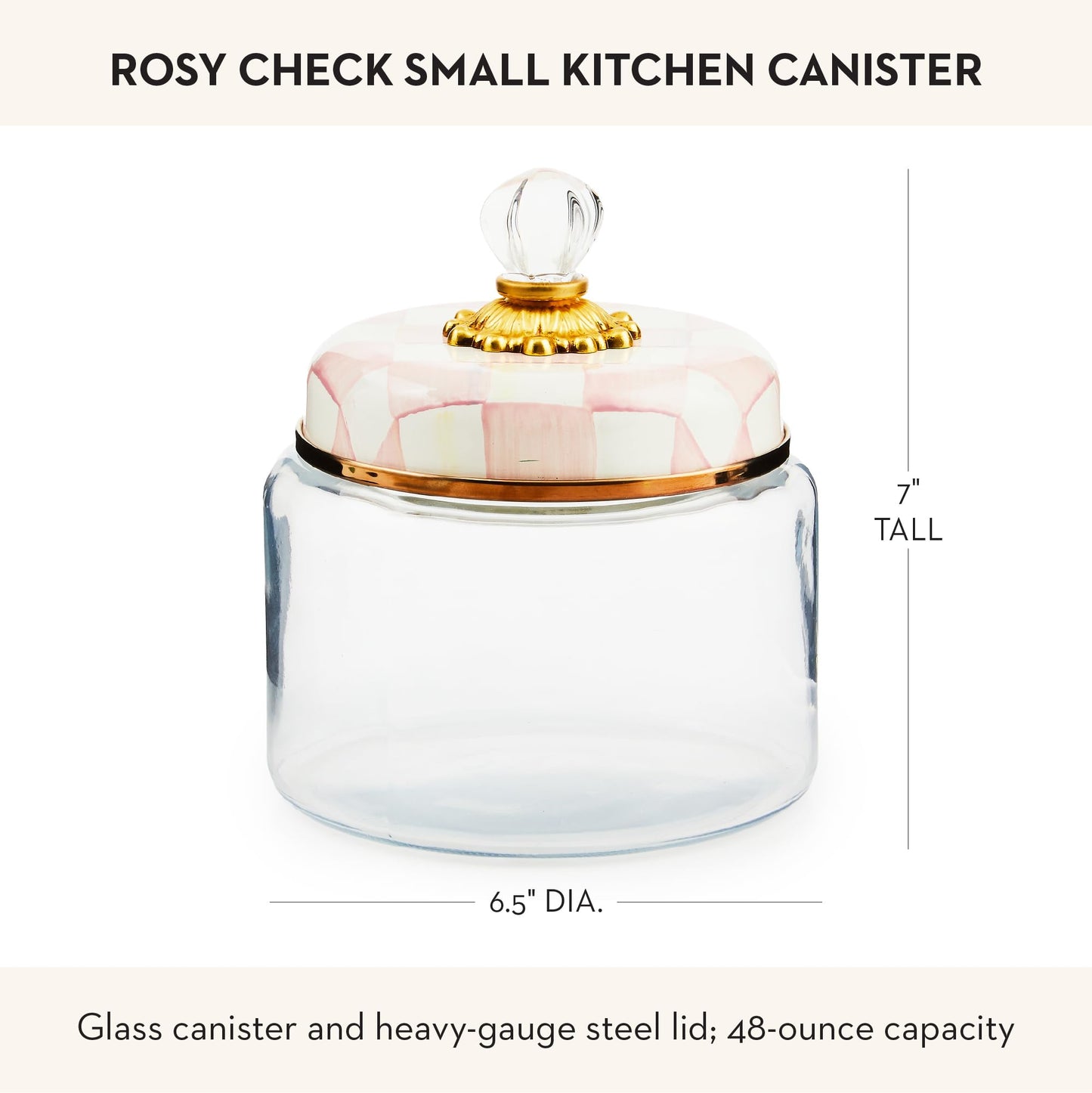 MACKENZIE-CHILDS Rosy Check Kitchen Canister, Decorative Pink-and-White Glass Storage Jar with Lid, Small