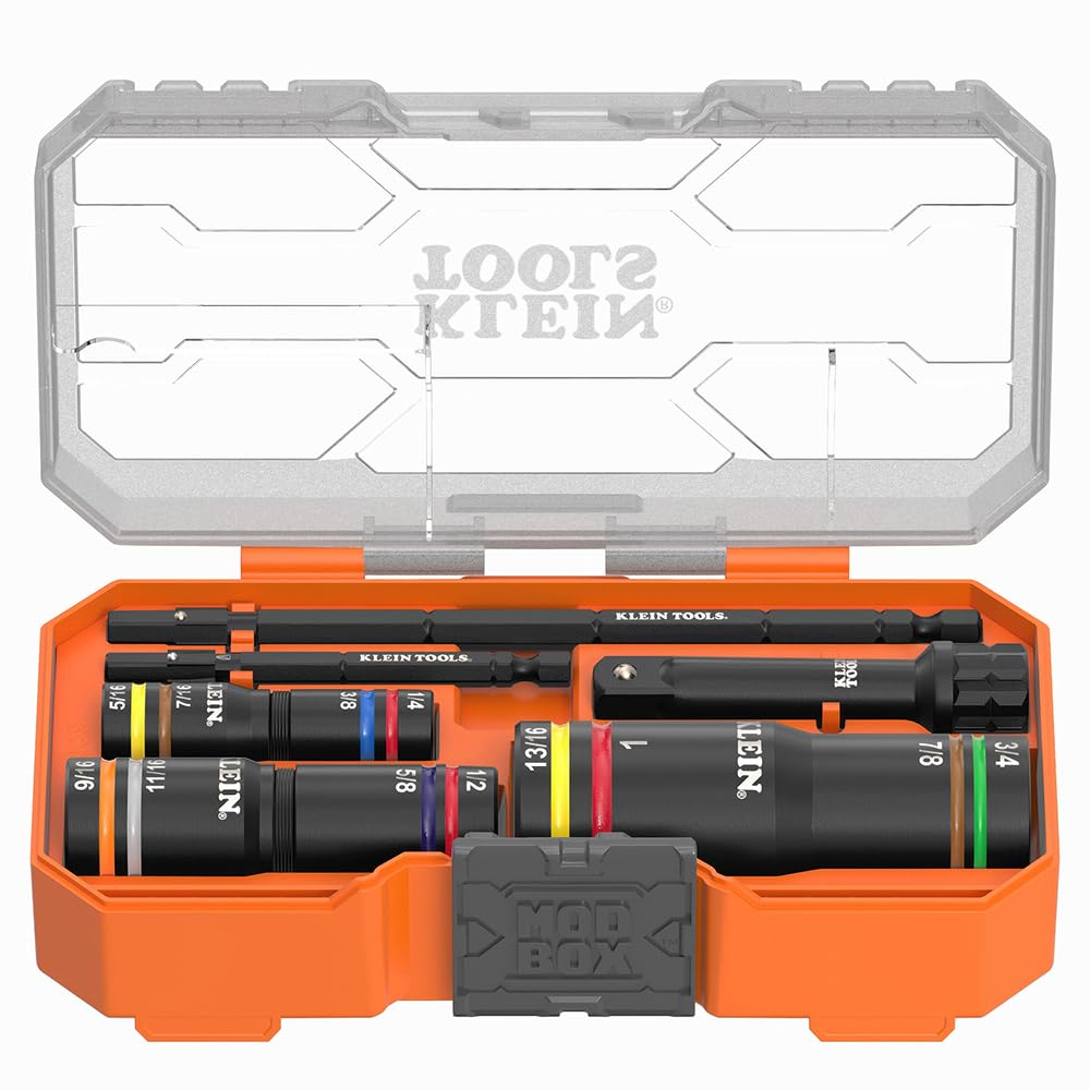 Klein Tools 653QS KNECT Quad Socket, 12 Sizes in 3 Sockets, 4-in-1 Color Coded SAE Impact Rated, Heavy-Duty, 1/4- and 3/8-Inch Drive, 3-1/2- and 6-1/2-Inch Shaft