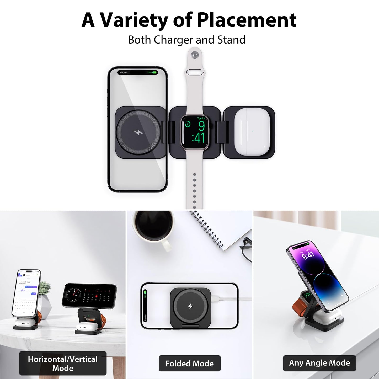 KU XIU Fast Wireless Charger, Magnetic Foldable 3 in 1 Charging Station for iPhone 16/15/14/13/12/Pro/Plus/Pro Max, 5W Portable Charger for Apple Watch9/8/7/6/5/4/3/SE, for Airpods3/2/Pro-Black