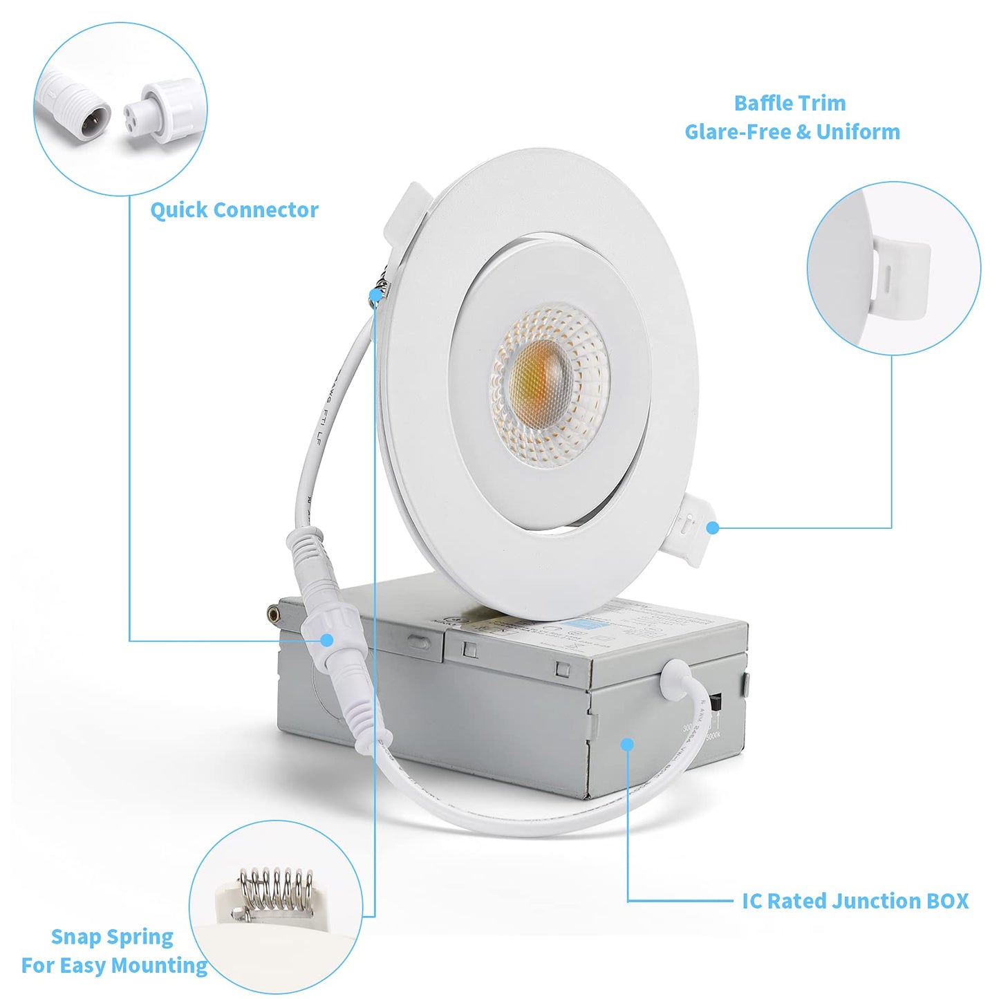 4 Inch Led Recessed lights Ultra-Thin Adjustable Eyeball Gimbal LED Recessed Lighting with Junction Box 9 Watts 750Lm Dimmable ceiling light ETL Listed (2700K/3000K/3500K/4000K/5000K Option 6Pack)