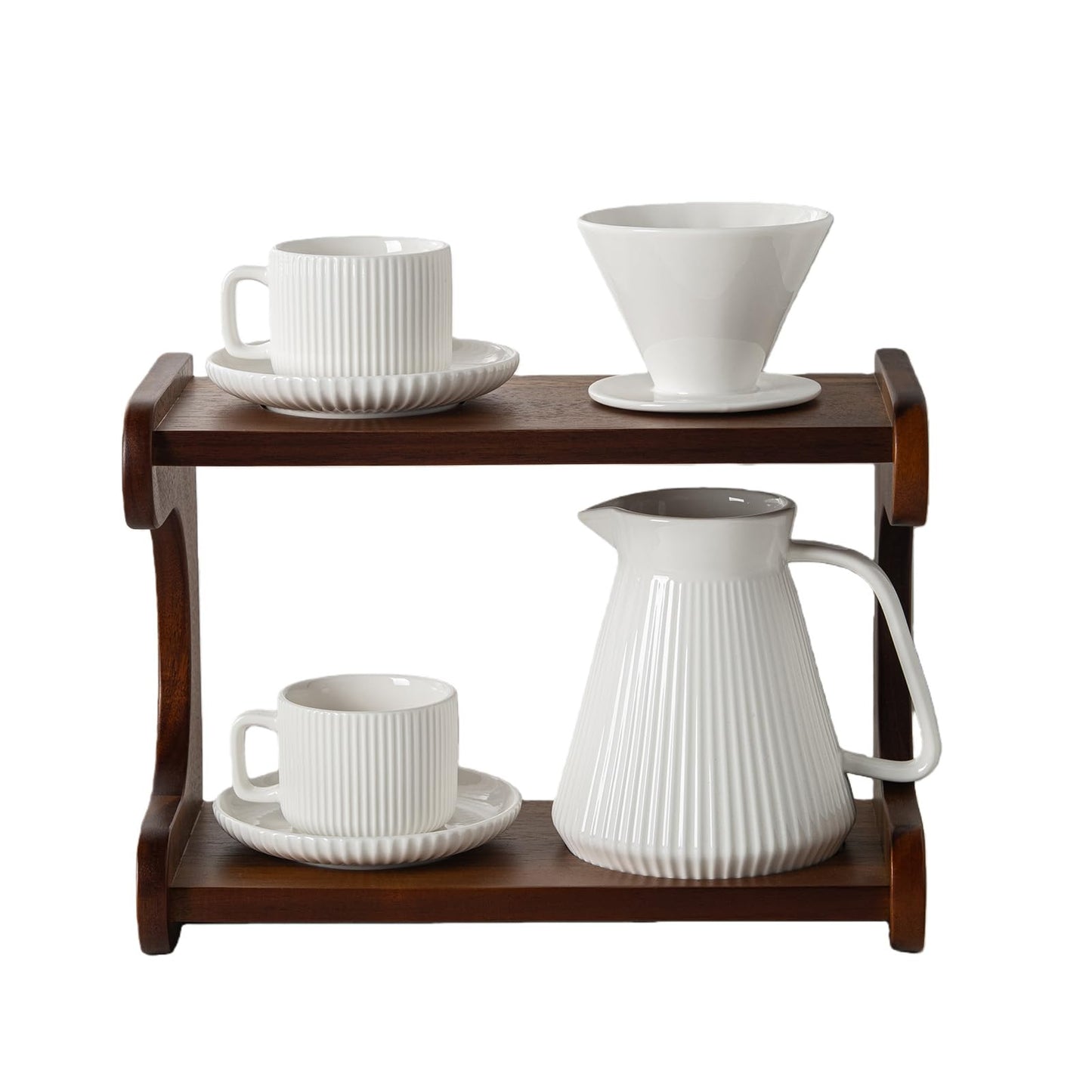 AYUCIA Pour Over Coffee Maker Set, 22OZ Ceramic Pour Over Coffee Dripper with Acacia Wood Stand and 5OZ Cups and Saucers Set of 2, Size 02