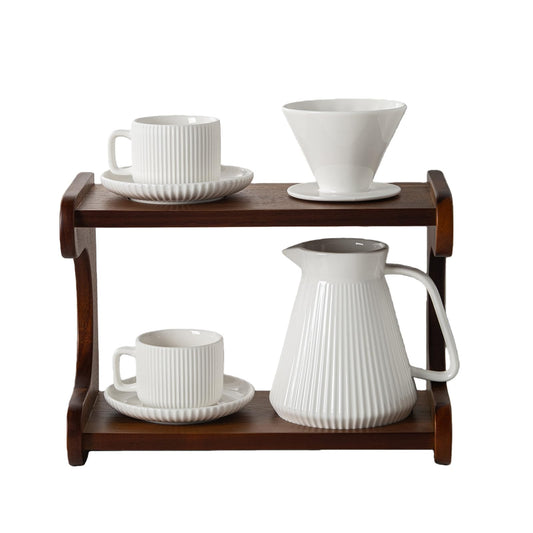 AYUCIA Pour Over Coffee Maker Set, 22OZ Ceramic Pour Over Coffee Dripper with Acacia Wood Stand and 5OZ Cups and Saucers Set of 2, Size 02