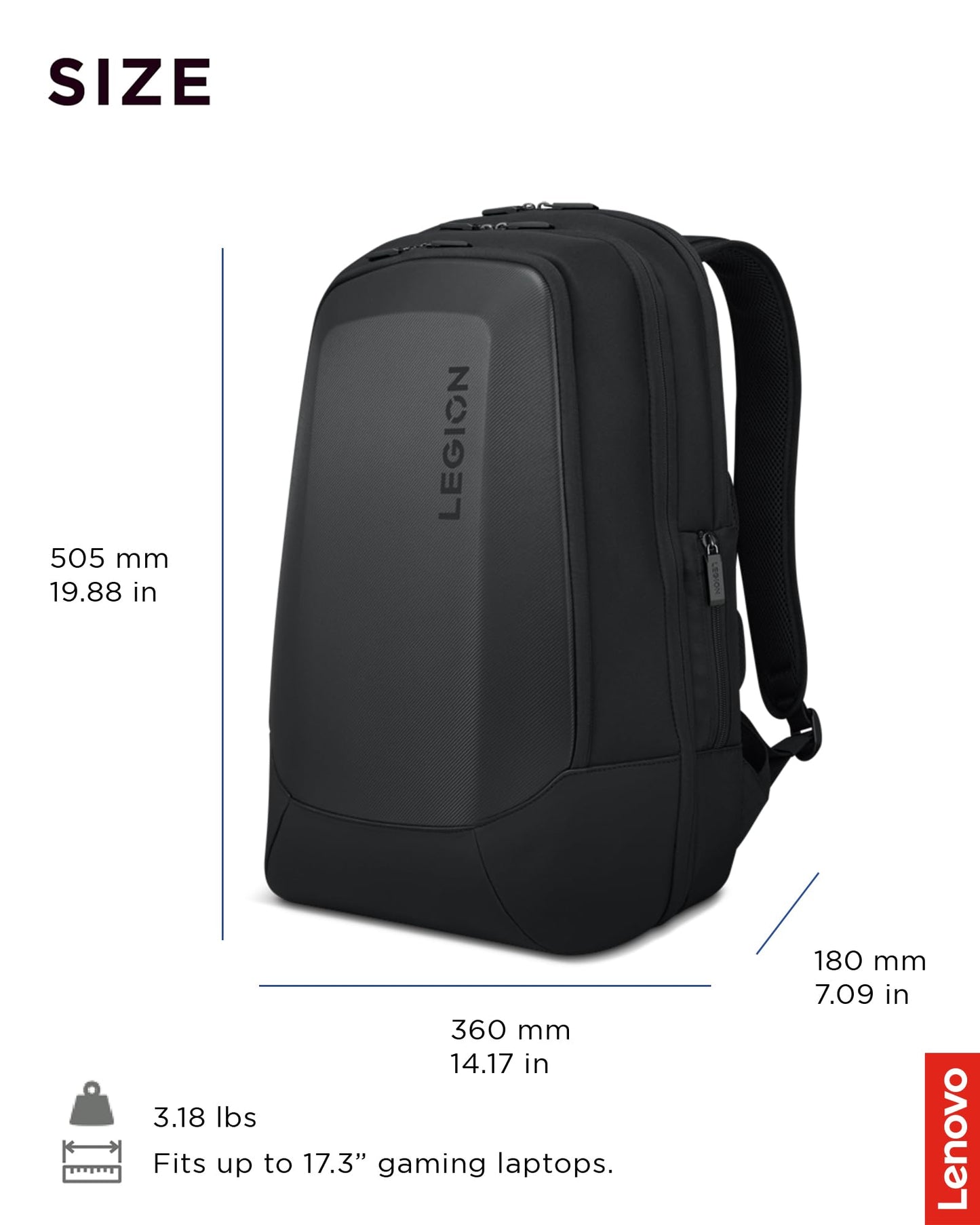Lenovo - Legion 17” Armored Backpack – Gaming Laptop Bag – Double Layered Protection – Dedicated Storage Pockets – Durable Pack with EVA Front Shield