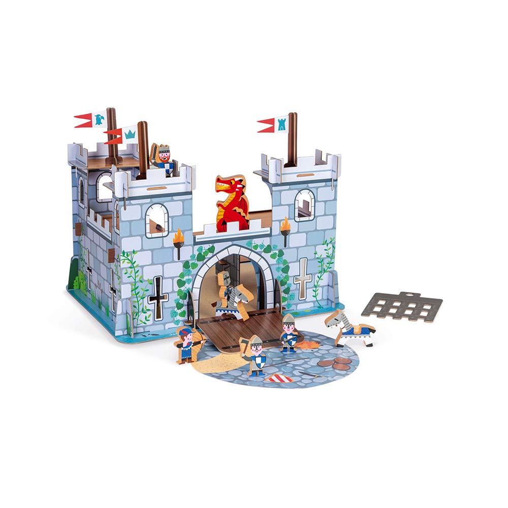 Janod - Story "Knight's Castle" - 8 Wooden Figures - Toy for Imaginative Play - Knights, Dragons and Castles - From 3 Years, J08582