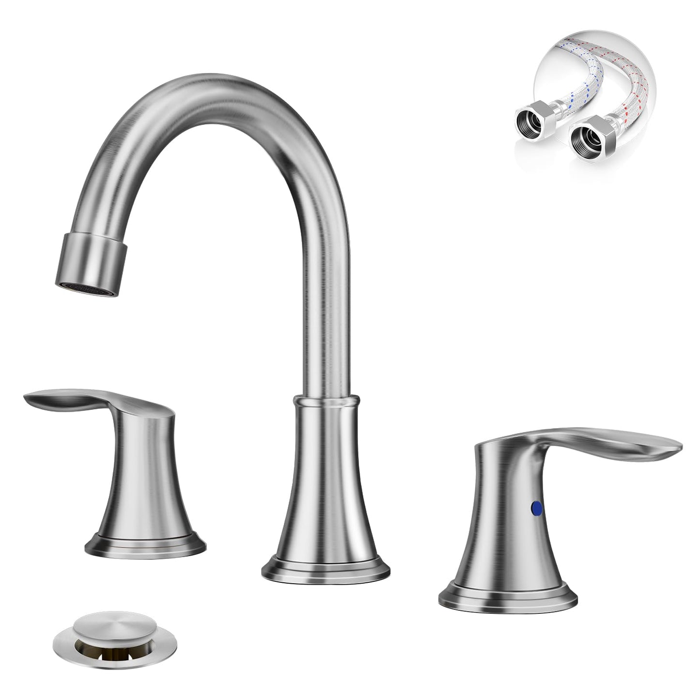 Phiestina Widespread 8 Inch 3 Holes Brushed Nickel Bathroom Faucet，Two Handles Stainless Steel Bathroom Sink Faucet with Metal Pop-Up Drain and Water Supply Lines, WFTY36-BN