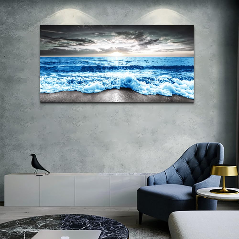 MHARTK66 Wall Art For Living Room Large Wall Decor For Office Modern Bedroom Wall Decor Blue Beach Sun Ocean Landscape Canvas Prints Wall Paintings Seascape Framed Pictures Artwork Home Decor 40x20