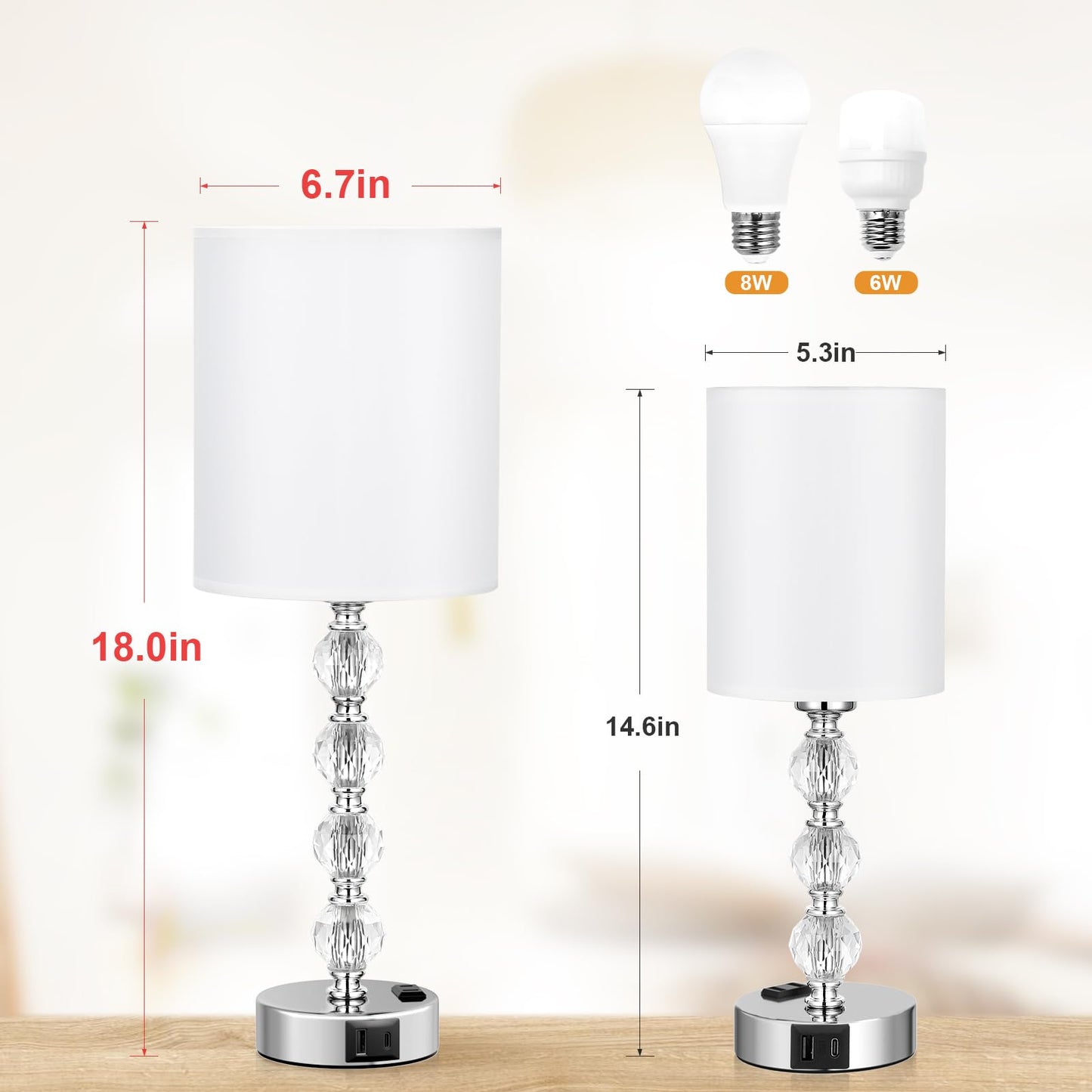 Acaxin Touch Bedside Crystal Lamps for Bedrooms Nightstand with USB C+A Charging Port and AC Outlet White, 3 Way Dimmable Silver Large End Side Table Lamp for Living/Guest/Dinning Room/Kitchen