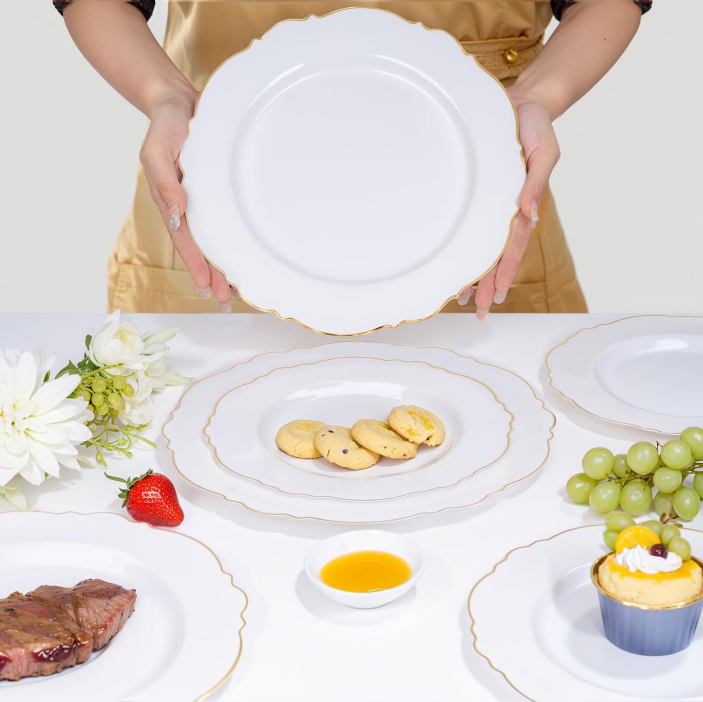 WDF 60pcs White and Gold Plastic Plates - Baroque White With Gold of 30 Heavy Duty Gold dinner plates 10.25inch, 30 Salad Plates 7.5inch