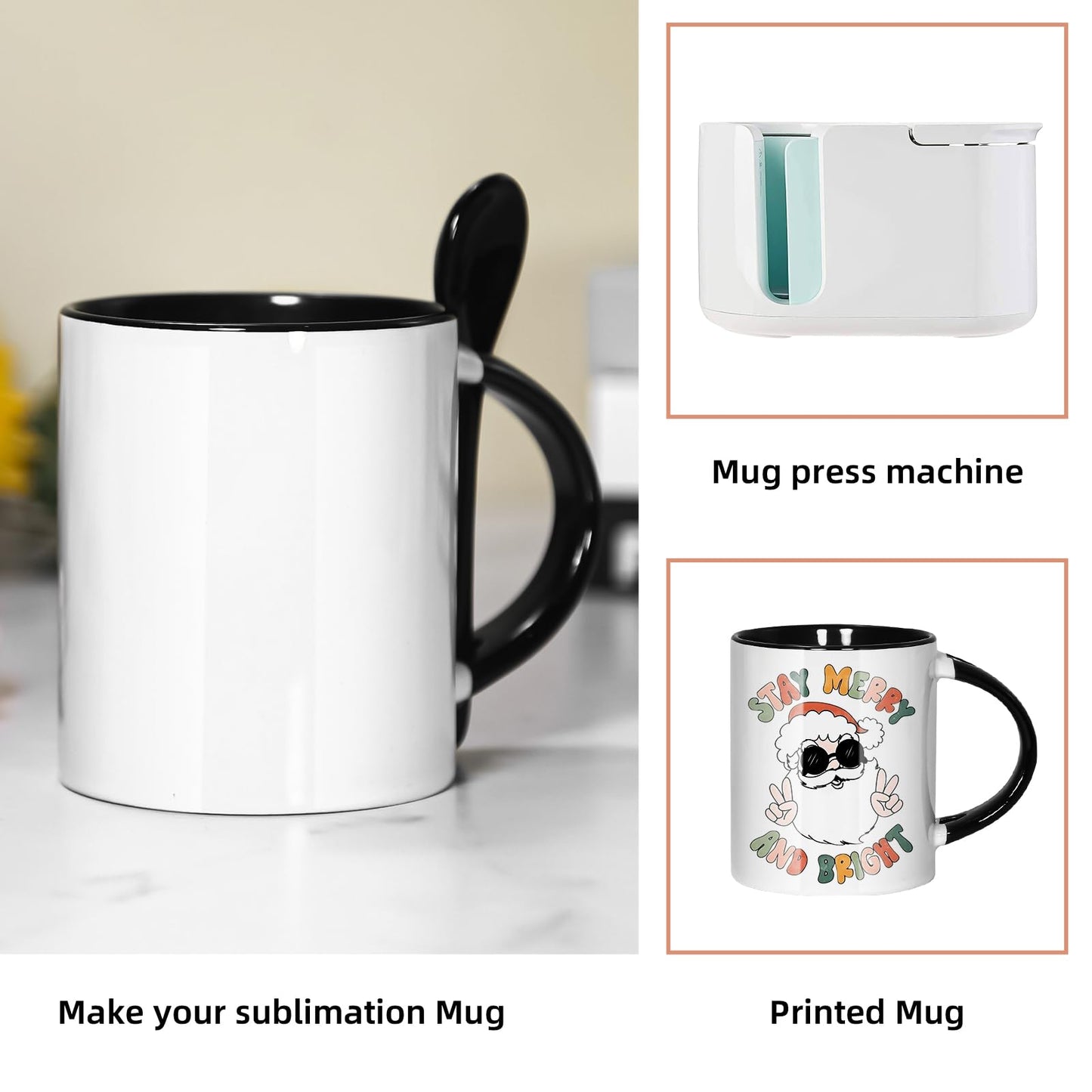 AGH Sublimation Coffee Mugs Blank 11 oz, White Straight Ceramic Cups with Pink Black White Red Interior, Handle, Spoon, Bulk Bundle Set of 12